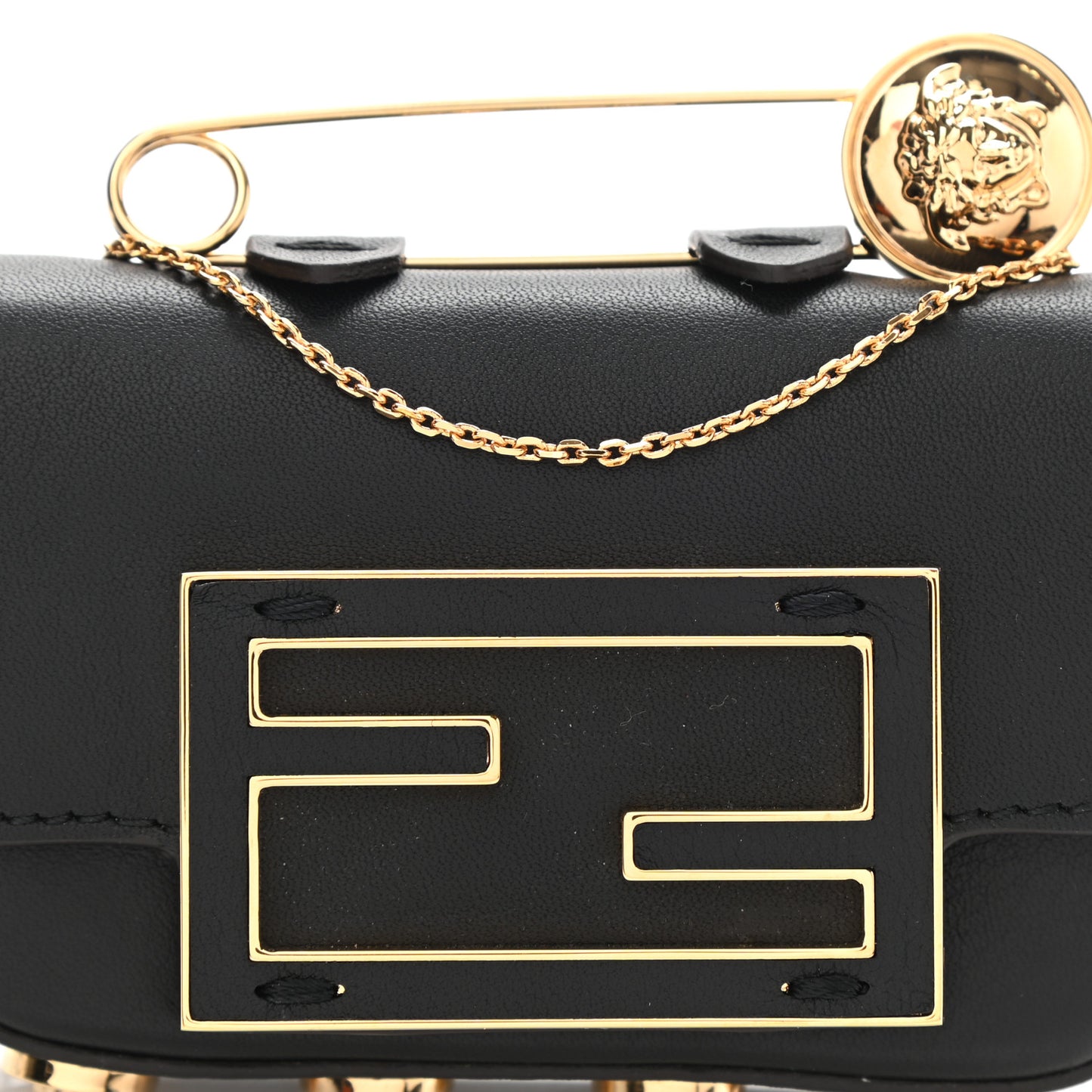 X VERSACE Vitello Seta Fendace Studded Nano Brooch Baguette Black