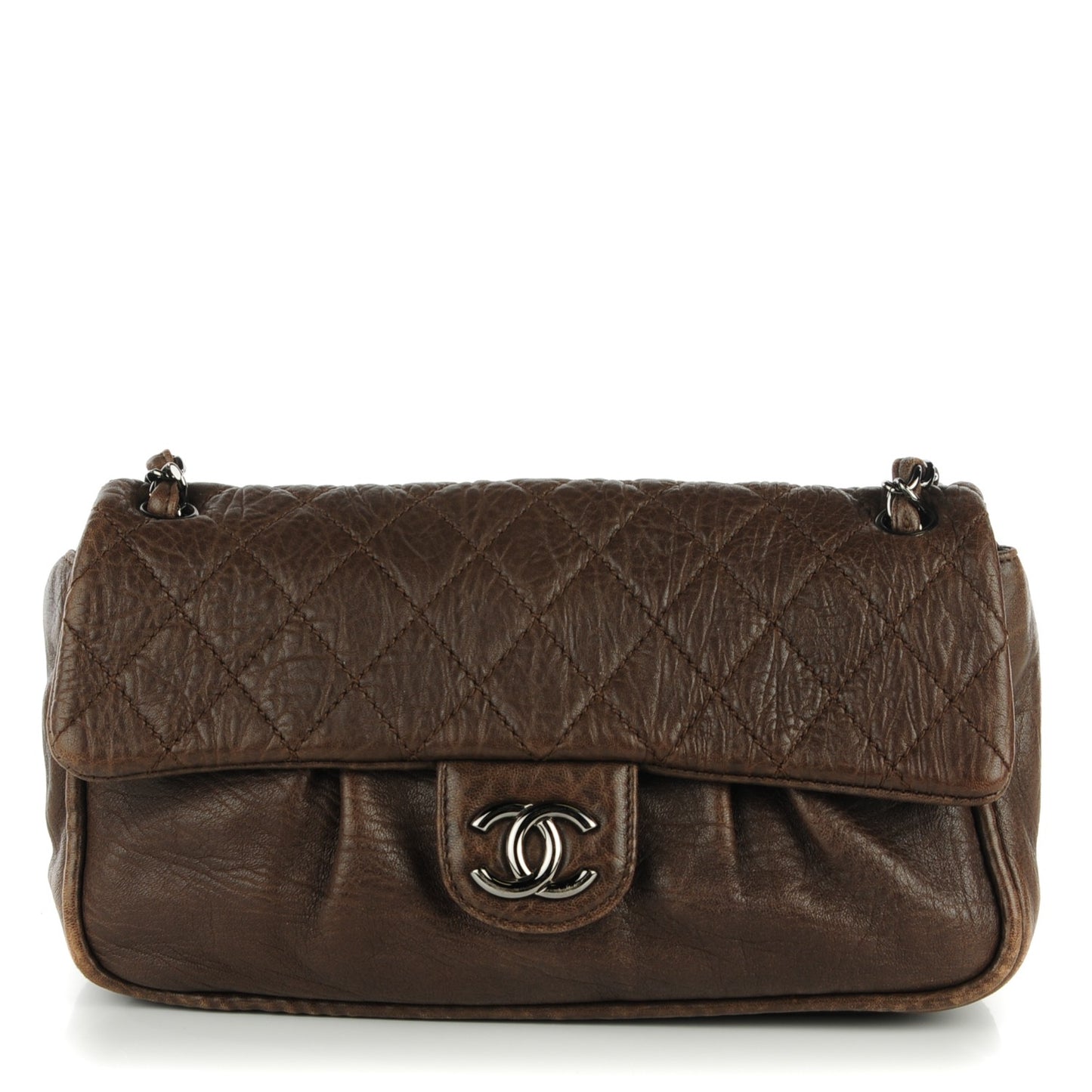 Distressed Lambskin Quilted Flap Brown