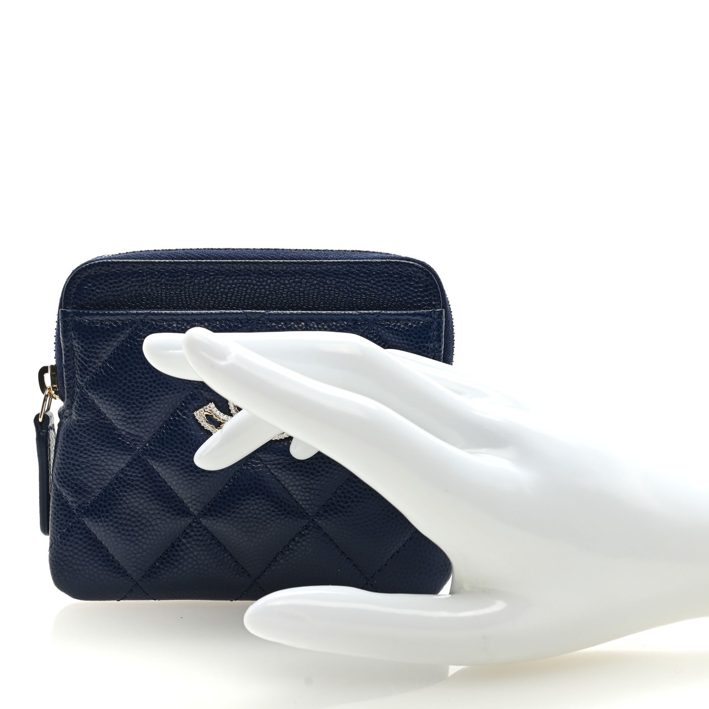 Caviar Quilted Crystal Zip Card Holder Wallet Navy