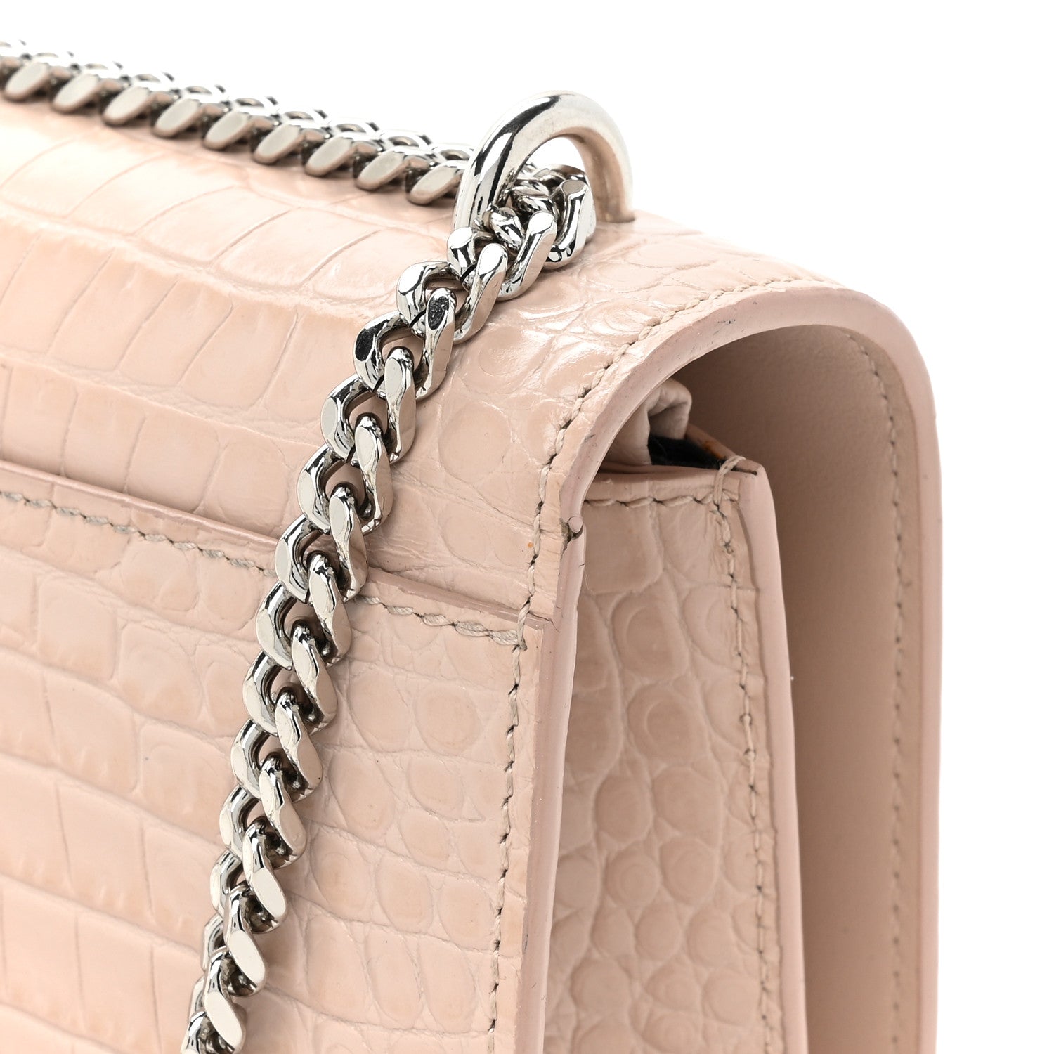 Saint Laurent Calfskin Crocodile Embossed Monogram Sunset Chain Wallet Marble Pink 14 of 19