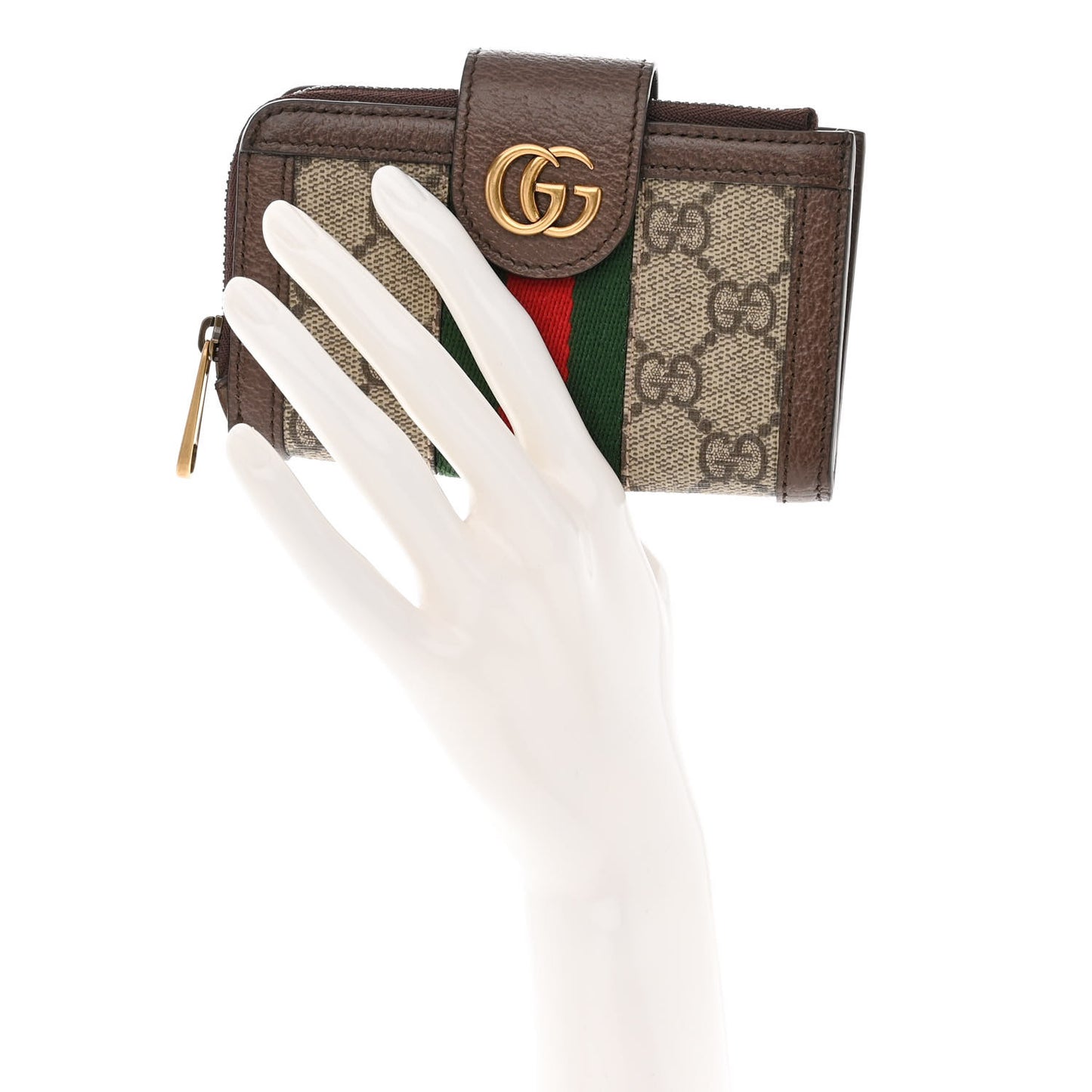 GG Supreme Monogram Textured Dollar Calfskin Web Ophidia Overlay Zip Around Card Case Wallet Beige Ebony New Acero