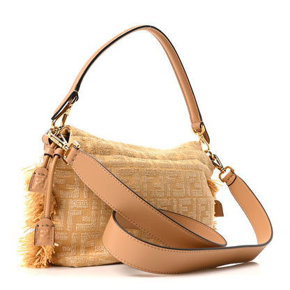 Fendi Fabric Jacquard Raffia Straw Fringe Medium Mamma Baguette Beige 4 of 19