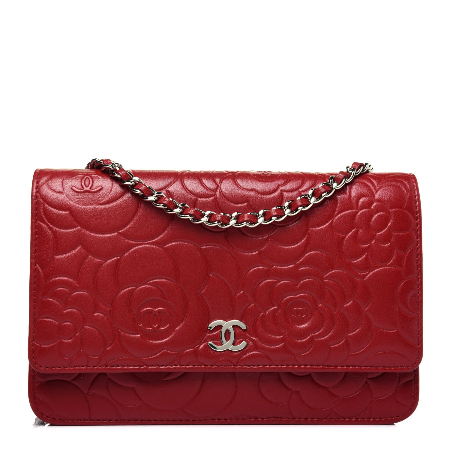 Chanel Lambskin Camellia Embossed Wallet On Chain WOC Red 1 of 21