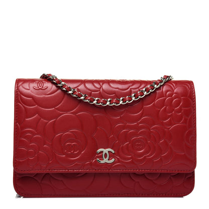 Chanel Lambskin Camellia Embossed Wallet On Chain WOC Red 1 of 21