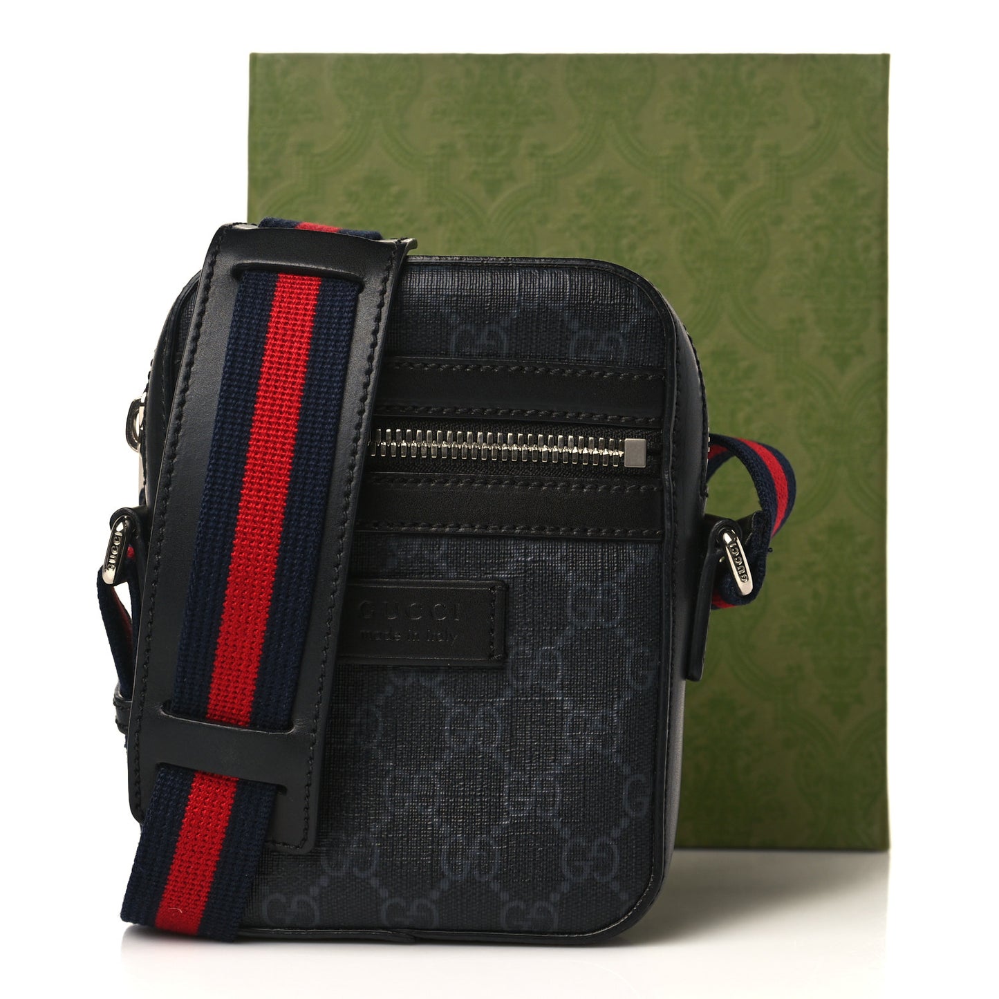 GG Supreme Monogram Appia Calfskin Web Small Camera Messenger Bag Black Grey