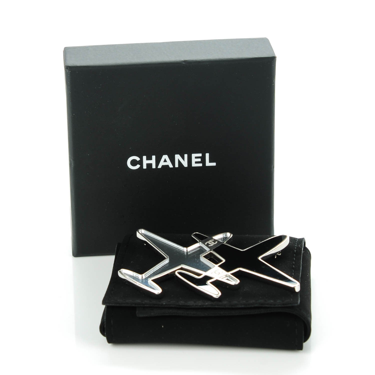 Chanel Metal Resin Mirror CC Airplane Brooch Black Silver 6 of 6