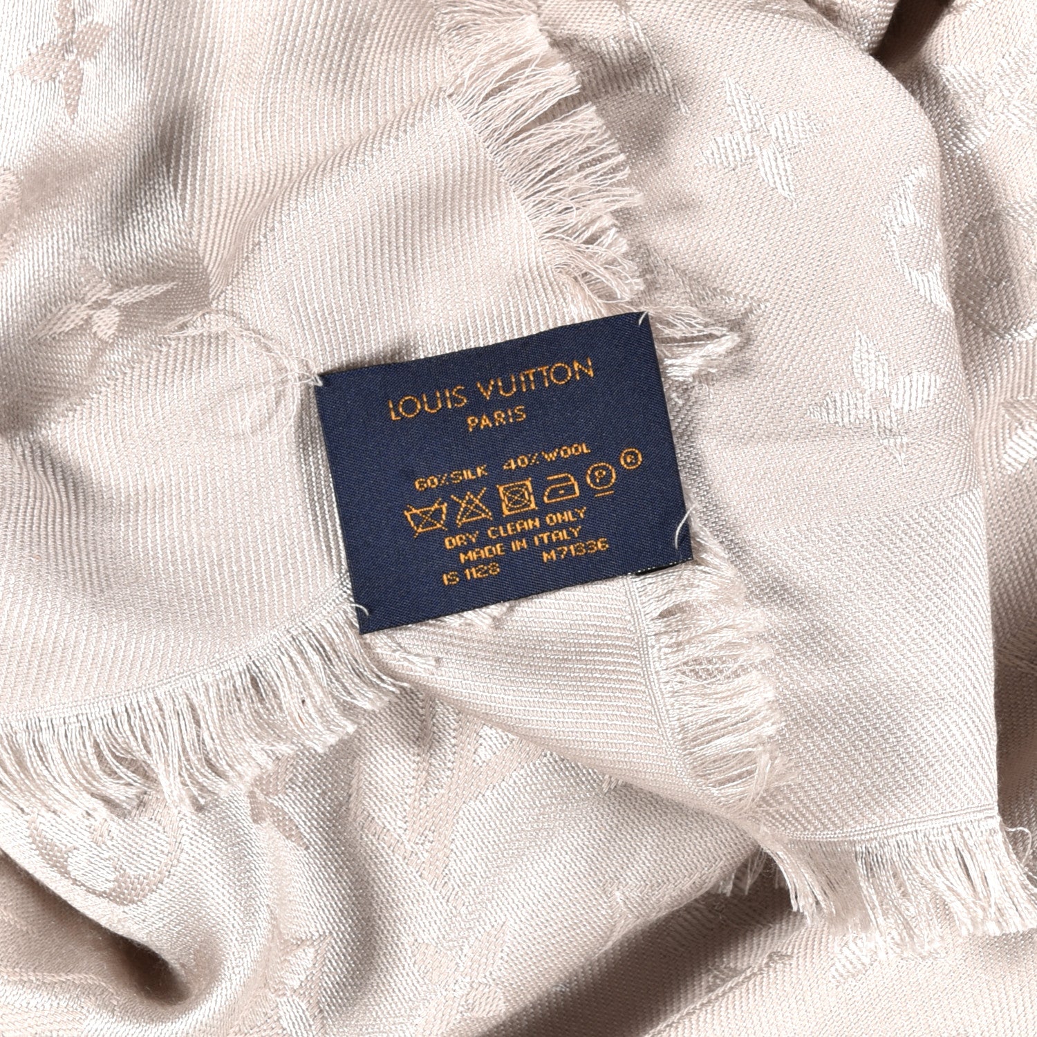 Louis Vuitton Wool Silk Monogram Denim Shawl Pearl Grey 943972