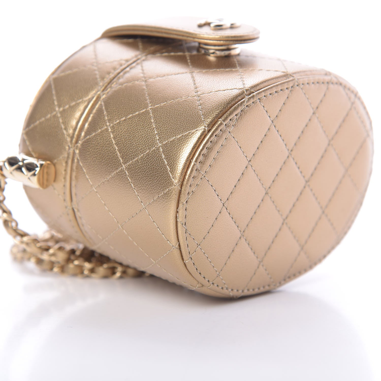 Chanel Metallic Lambskin Quilted Round Mini Vanity Case With Chain Gold 9 of 11