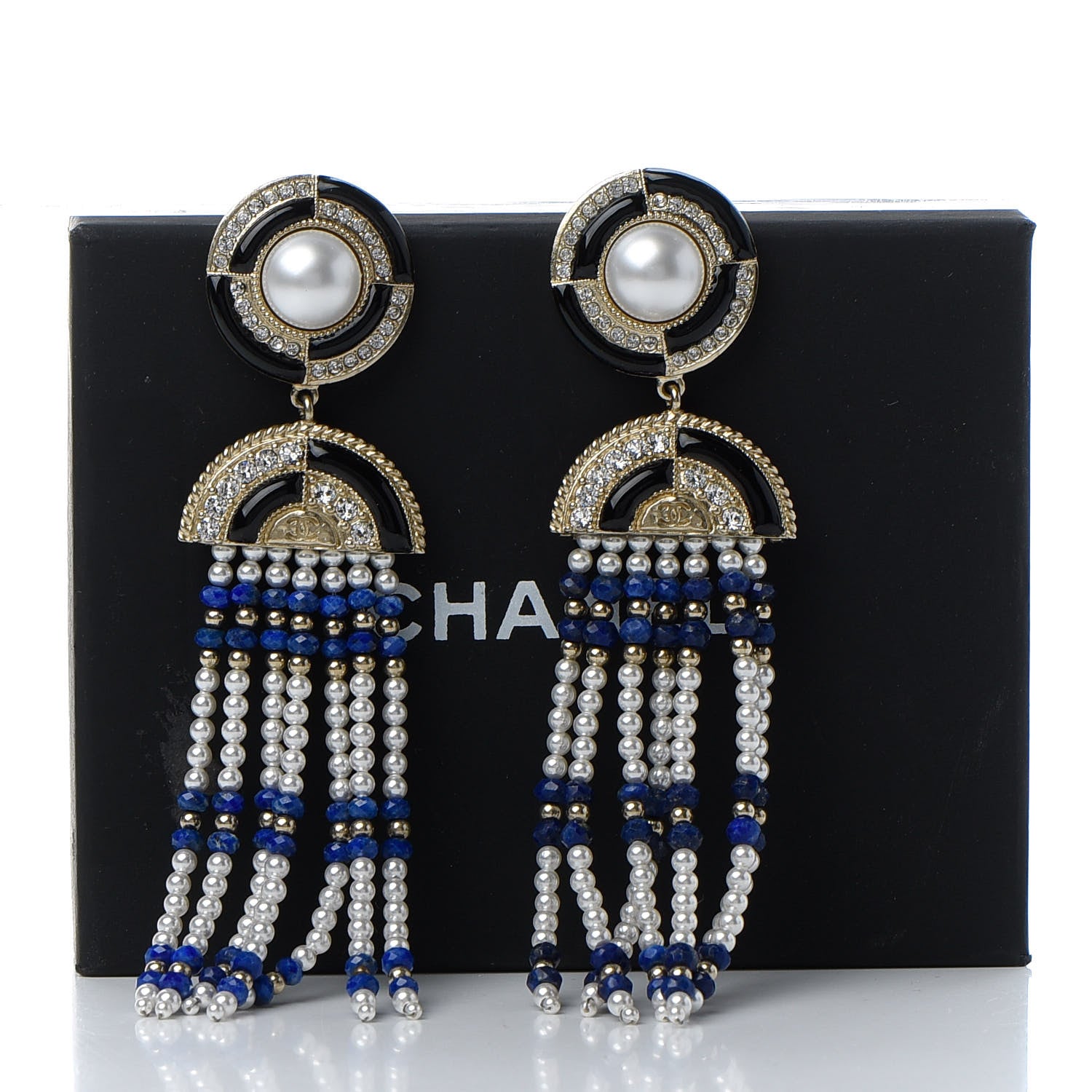 Chanel Resin Pearl Crystal Ramses Jewels Drop Earrings Gold Blue 5 of 5
