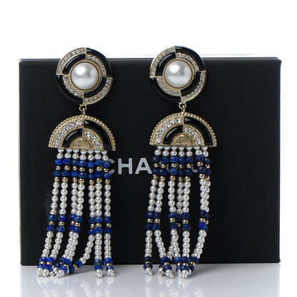 Chanel Resin Pearl Crystal Ramses Jewels Drop Earrings Gold Blue 5 of 5