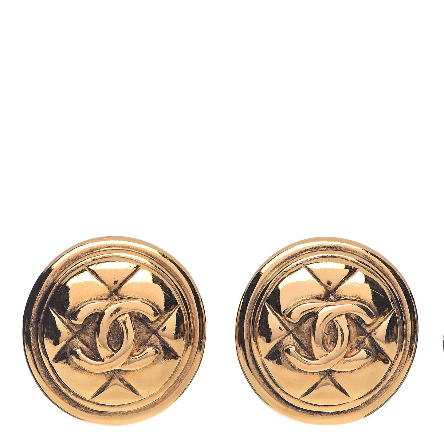 Metal Quilted CC Round Clip On Earrings Gold