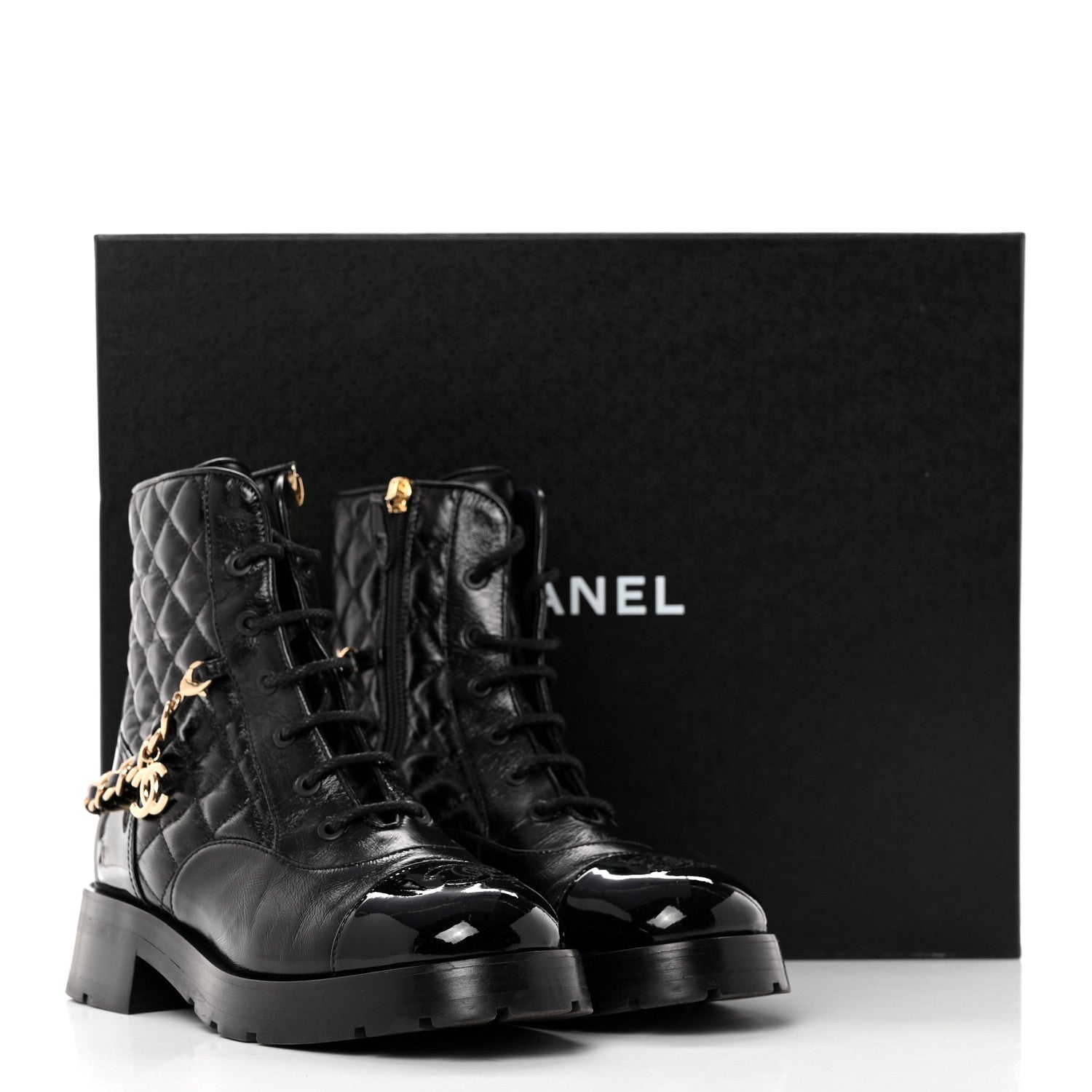 Chanel Shiny Calfskin Patent Quilted Chain Lace Up Combat Boots 37.5 Black 14 of 14