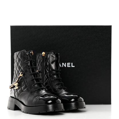 Chanel Shiny Calfskin Patent Quilted Chain Lace Up Combat Boots 37.5 Black 14 of 14