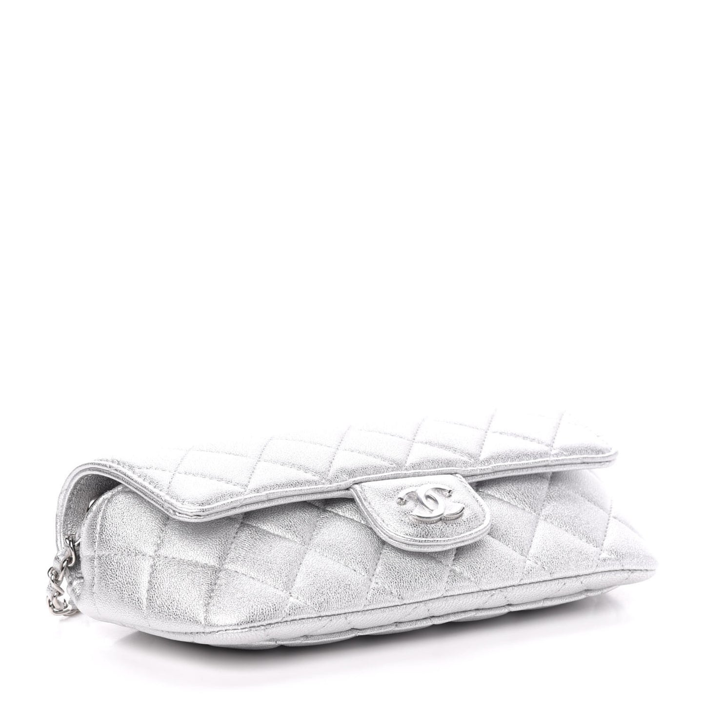 Metallic Lambskin Quilted Glasses Case With Chain Silver