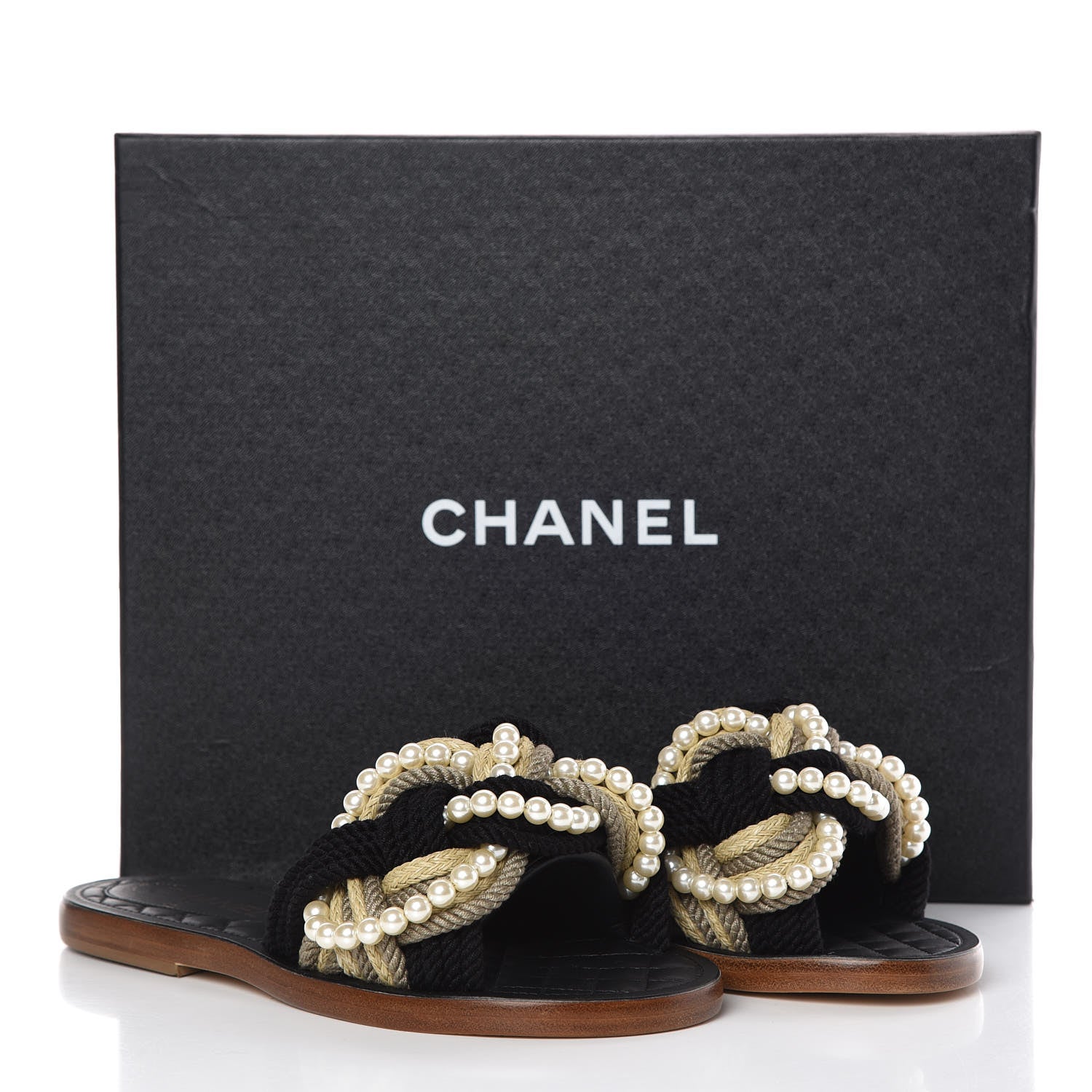 Chanel Lambskin Pearl Cord CC Mules 36 Black Beige 8 of 8