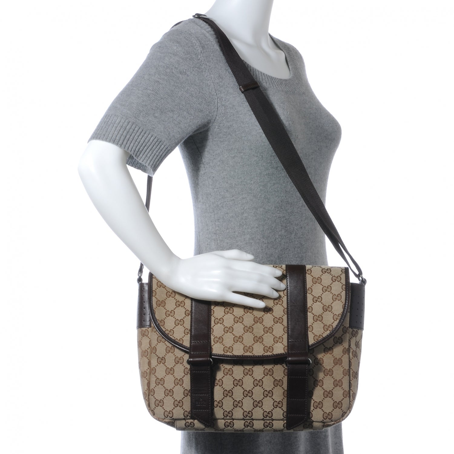 Gucci Monogram Medium Double Buckle Flap Messenger Bag Beige Dark Brown 2 of 7