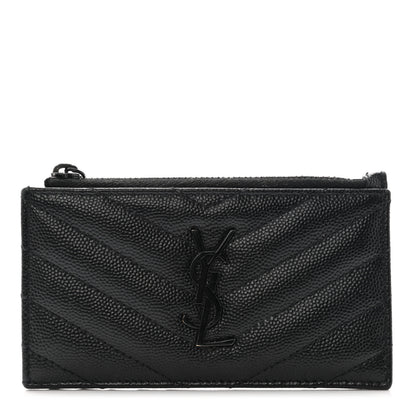 Saint Laurent Grain De Poudre Matelasse Chevron Monogram Fragments Zippered Card Case Black 1 of 8