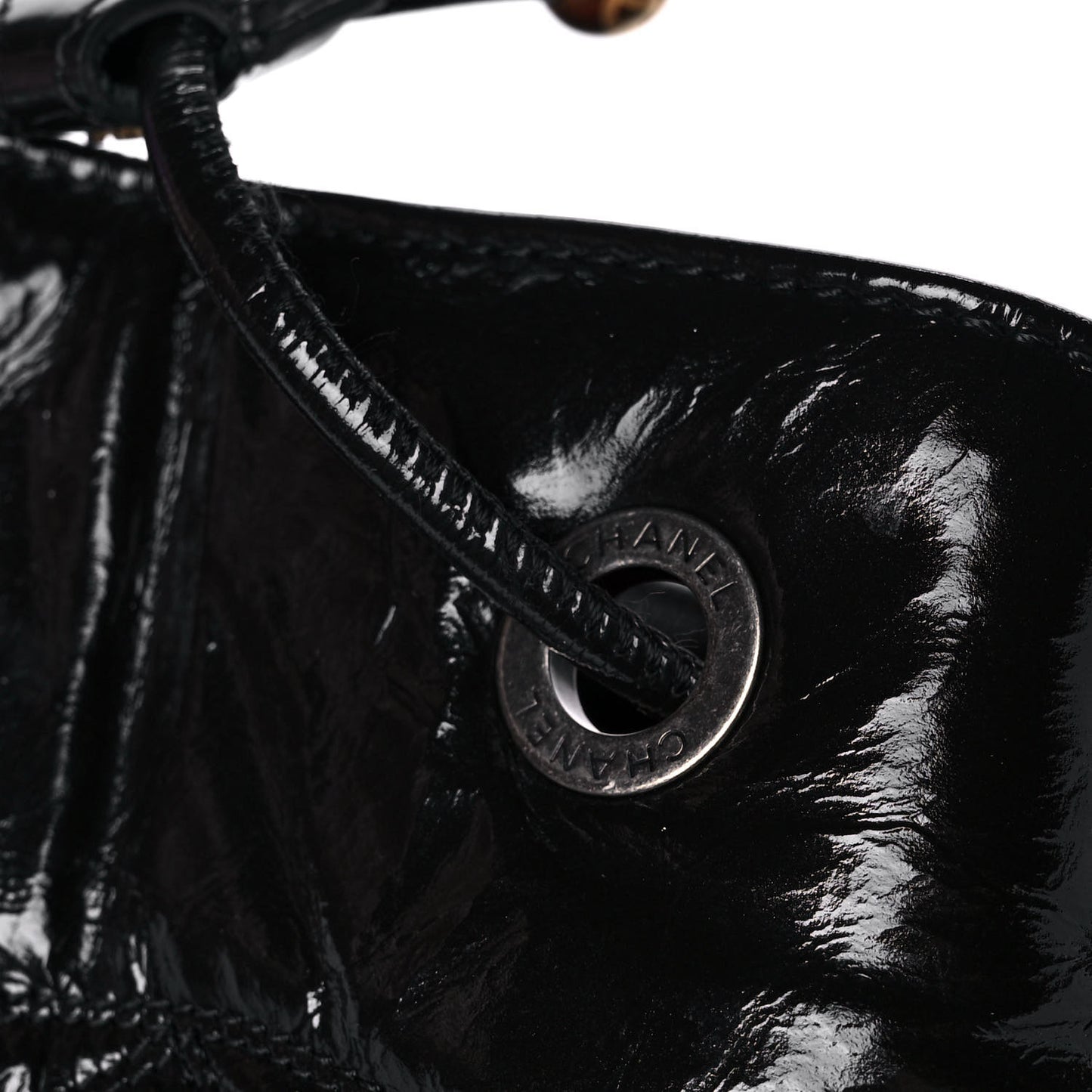 Shiny Aged Calfskin CC Chain Drawstring Bag Black
