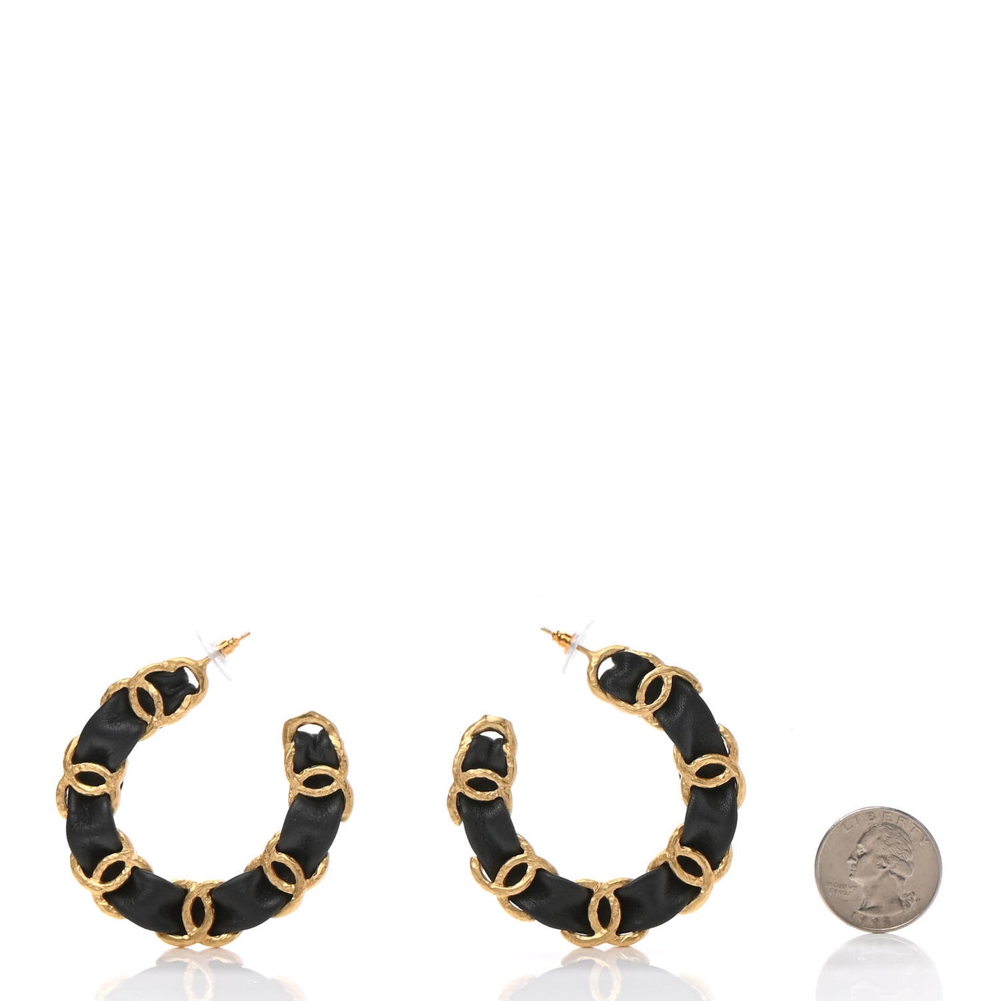 Lambskin CC Chain Hoop Earrings Gold Black