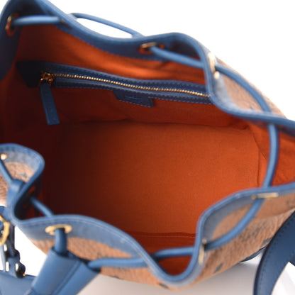 MCM Visetos Small Heritage Drawstring Bucket Bag Cognac Blue 5 of 10