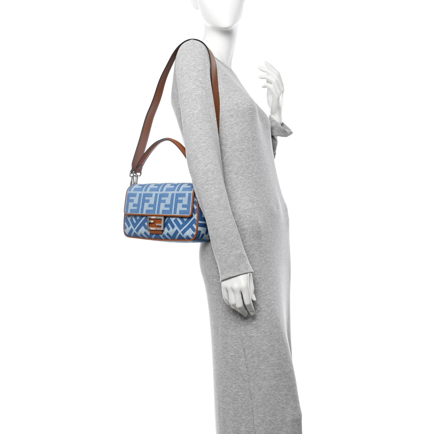Fendi Denim Vitello King FF Embroidered Baguette Denim Chiaro Brandy 2 of 8