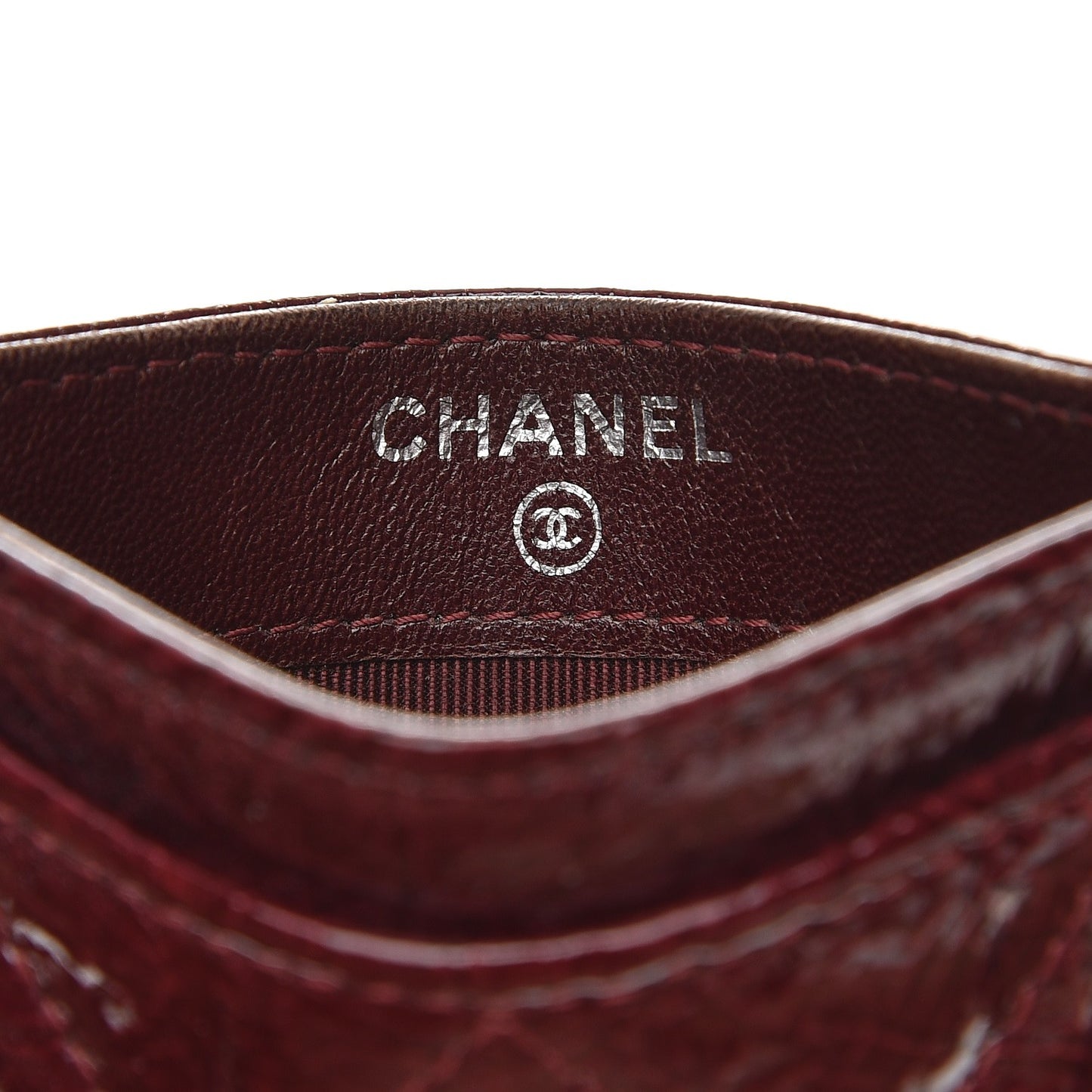 Distressed Patent Quilted Card Holder Bordeaux