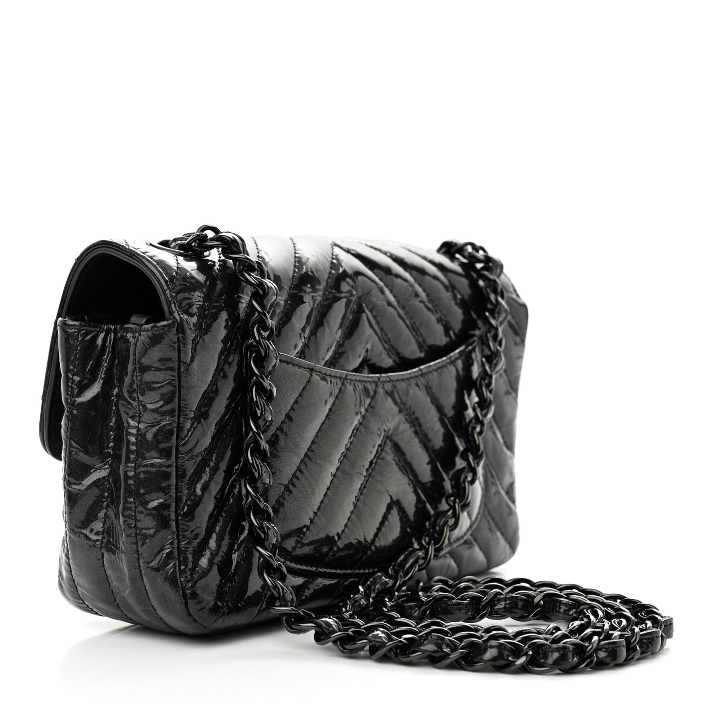 Patent Metallic Crumpled Calfskin Chevron Quilted Mini Rectangular Flap So Black