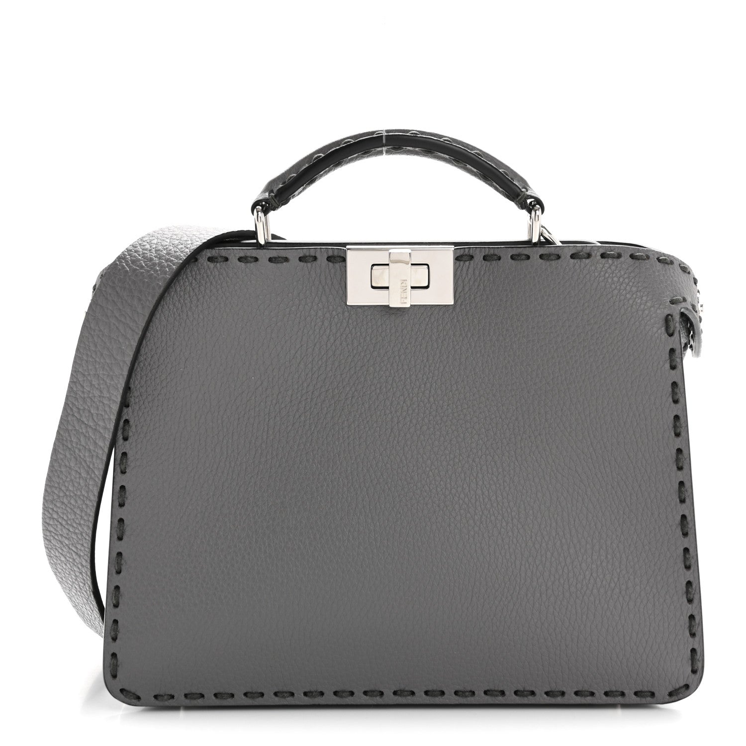 Fendi Cuoio Romano Selleria Macro Stitching Mini Peekaboo I SEE U Iconic Satchel Argento 1 of 11
