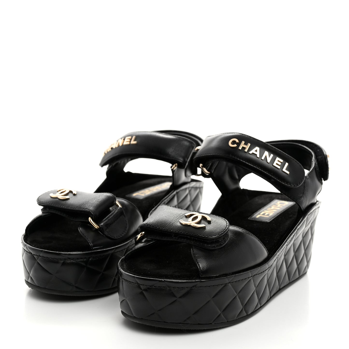Shiny Calfskin Logo Platform Sandals 36 Black