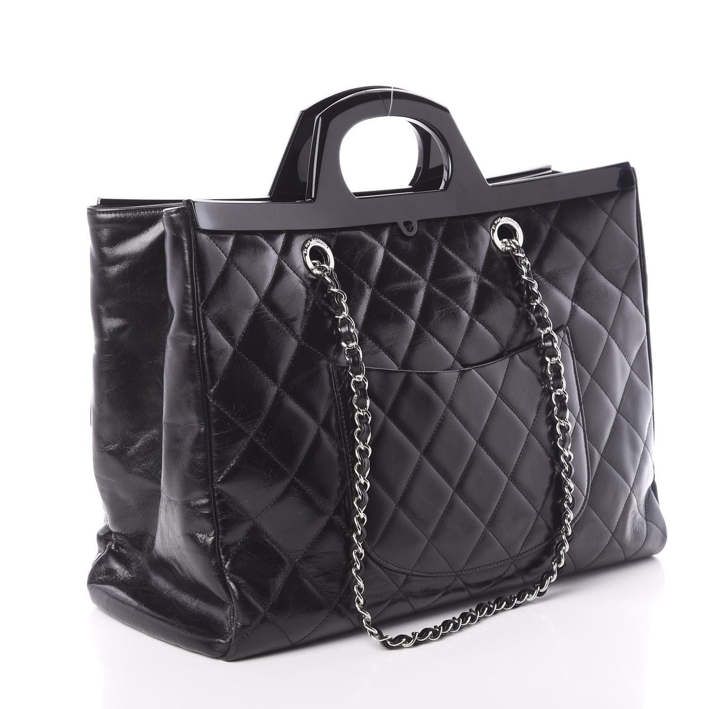 Glazed Calfskin Quilted Large CC Delivery Tote Black