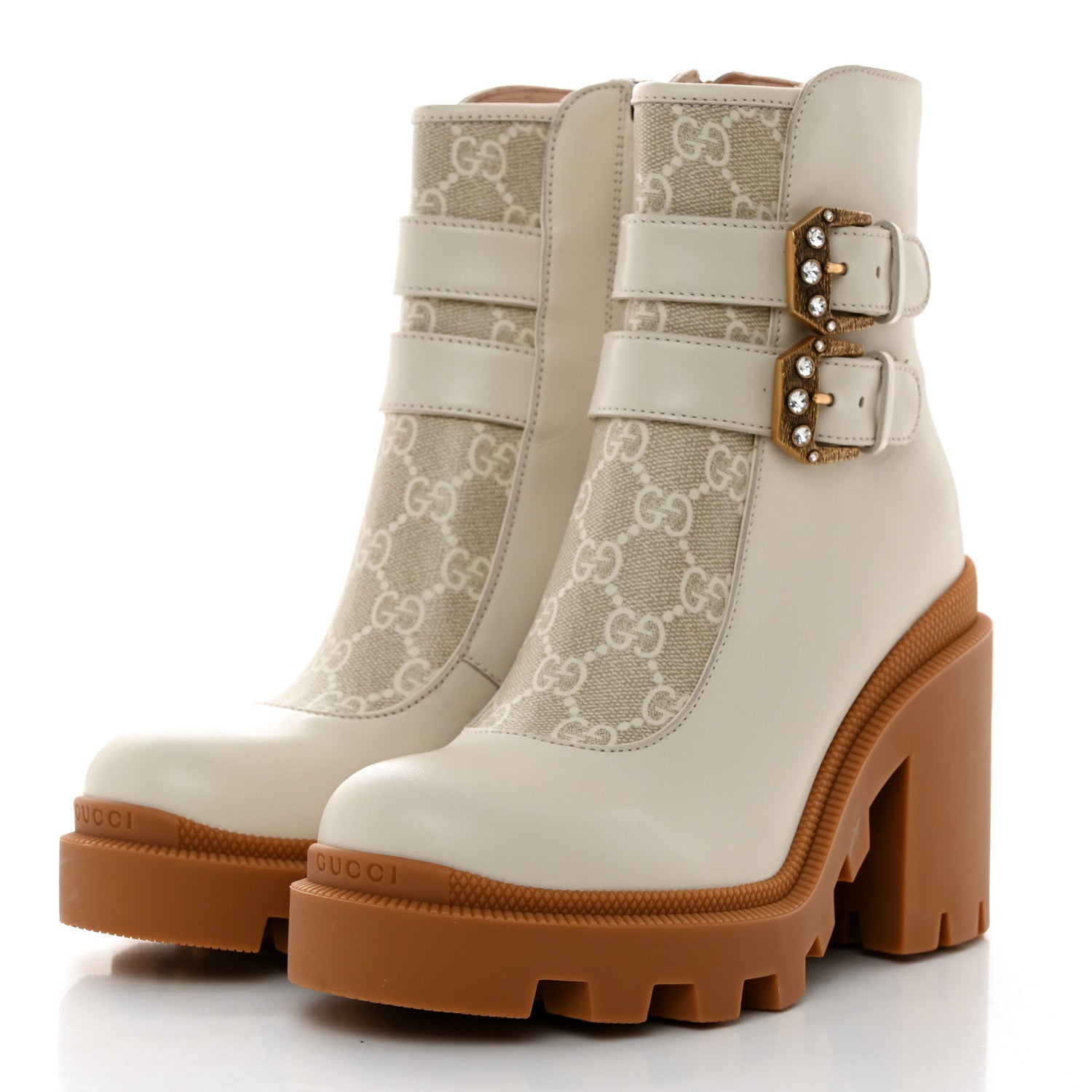 Gucci Kensington Calfskin Nappa GG Supreme Monogram Womens Double Buckle Ankle Boots 35.5 Mystic White Beige 3 of 9