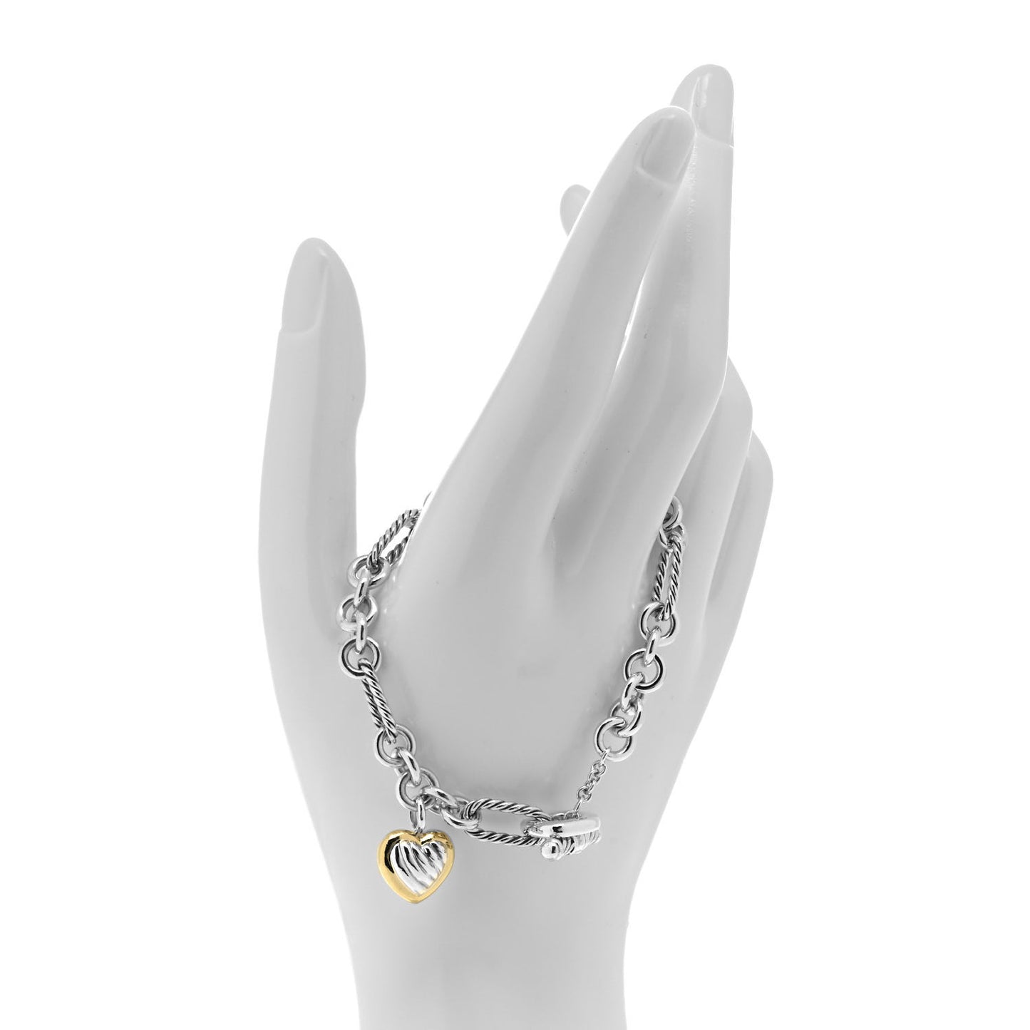 Sterling Silver 18K Yellow Gold Cable Heart Charm Bracelet