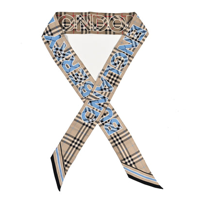 Burberry Silk Vintage Check Logo Print Skinny Scarf Beige Blue 1 of 3