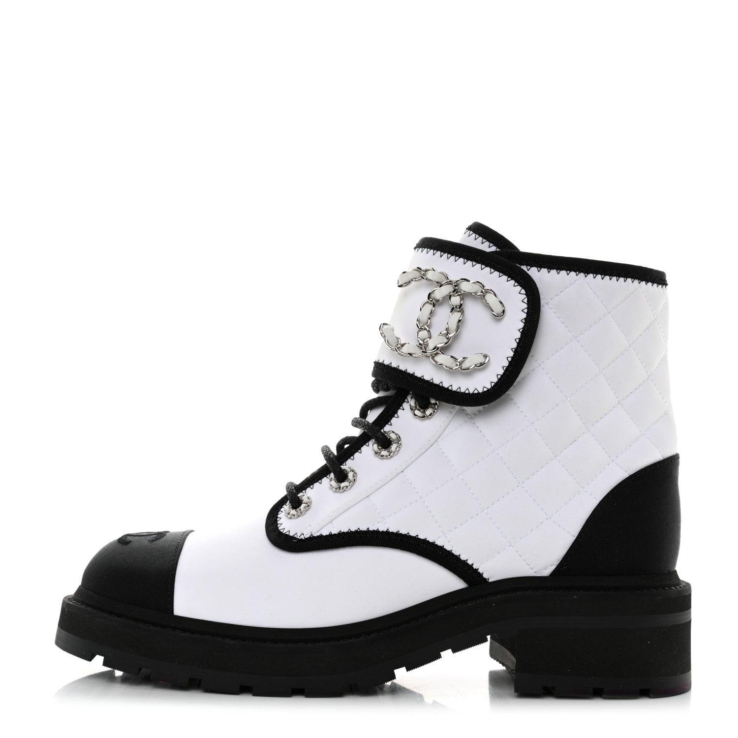 Chanel Fabric Grosgrain Quilted Cap Toe Lace Up Combat Boots 39 Black White 1 of 11