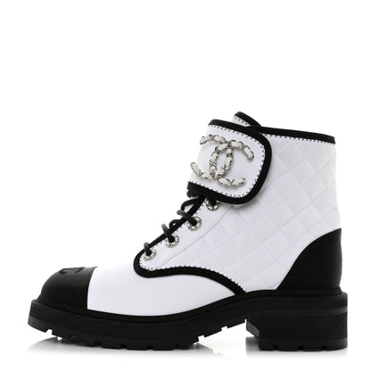 Chanel Fabric Grosgrain Quilted Cap Toe Lace Up Combat Boots 39 Black White 1 of 11