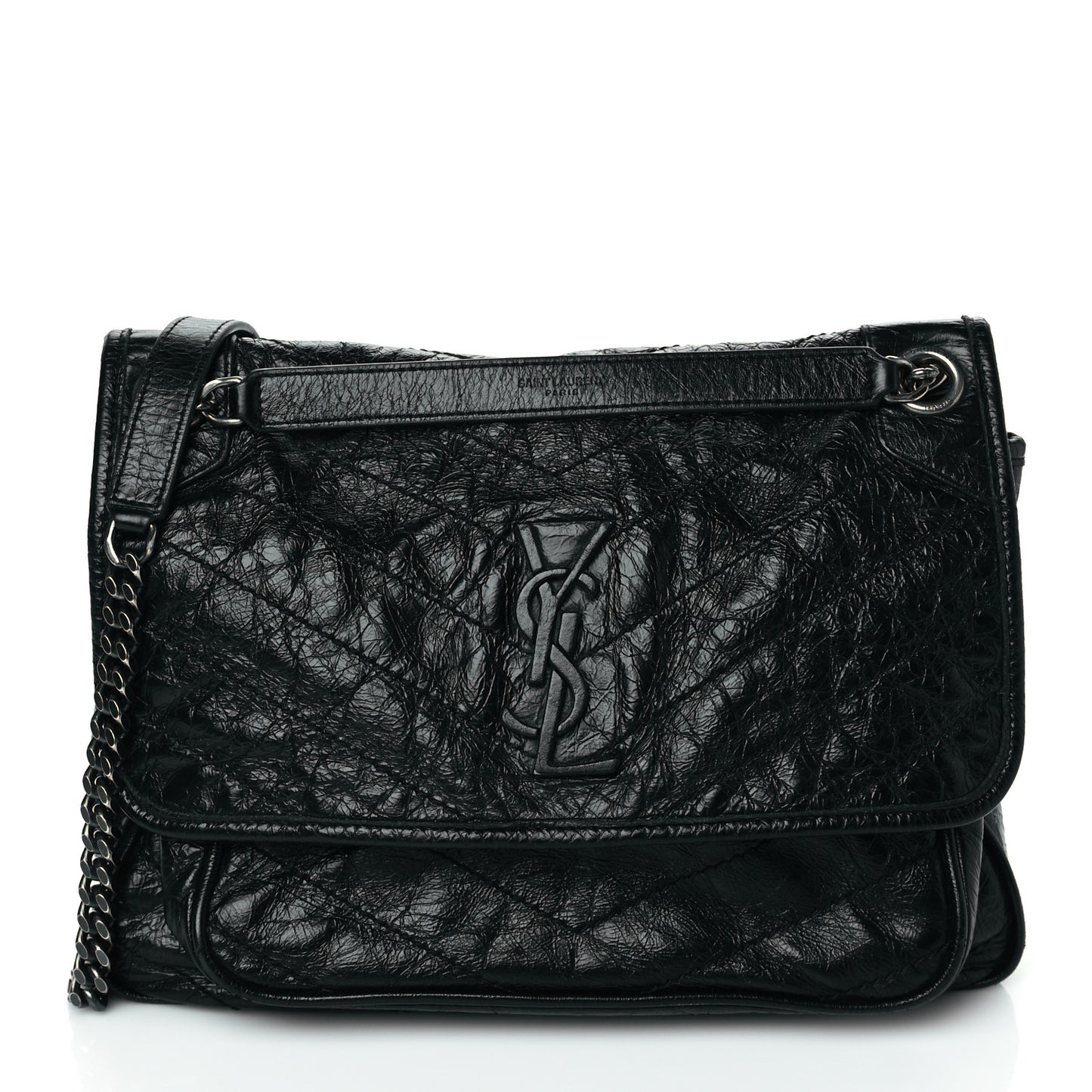 Crinkled Calfskin Matelasse Monogram Medium Niki Chain Satchel Black