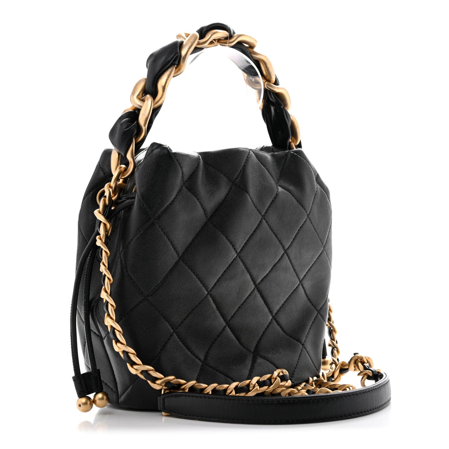 Shiny Lambskin Quilted Chain Is More Drawstring Bag Black