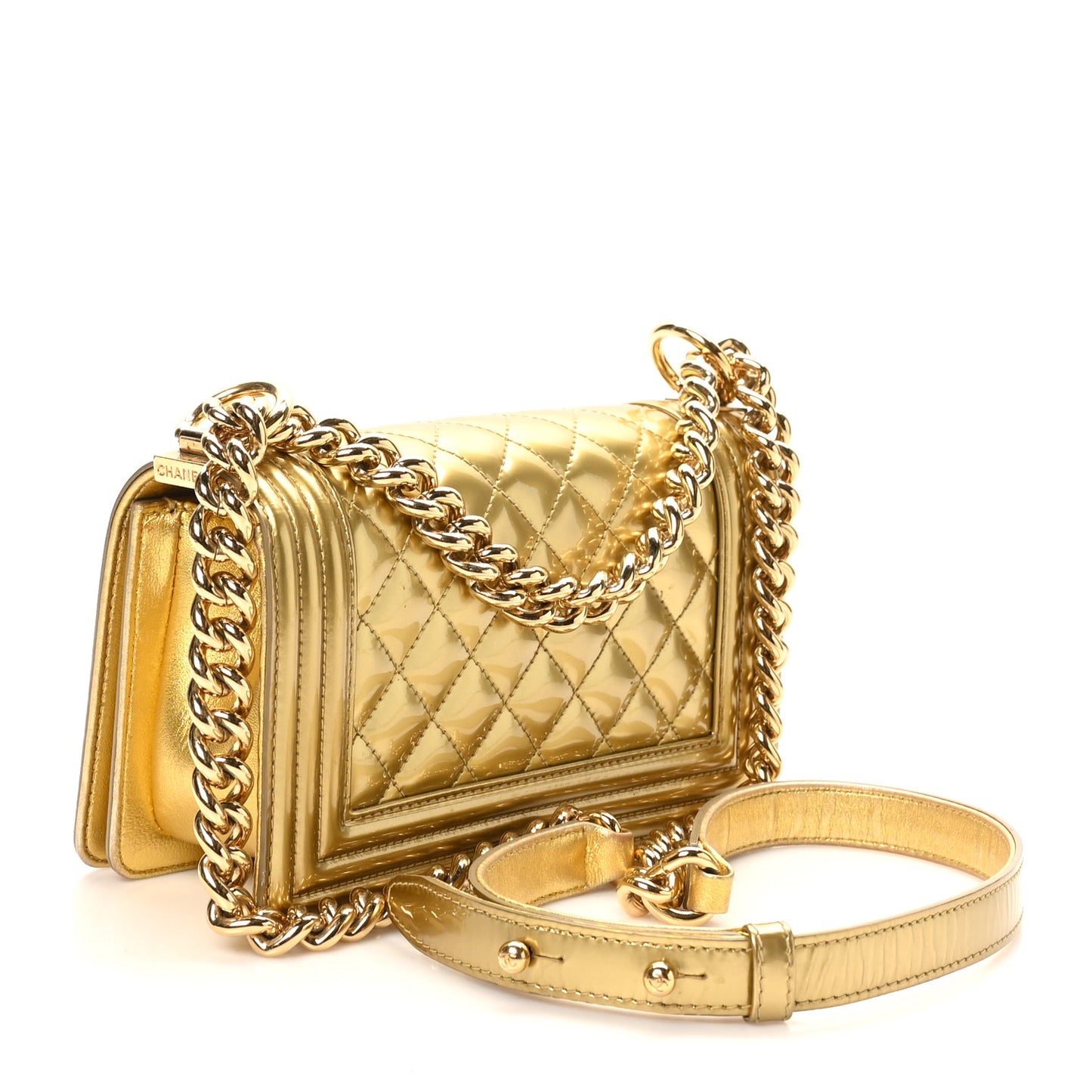 Metallic Patent Calfskin Quilted Small Boy Flap Gold