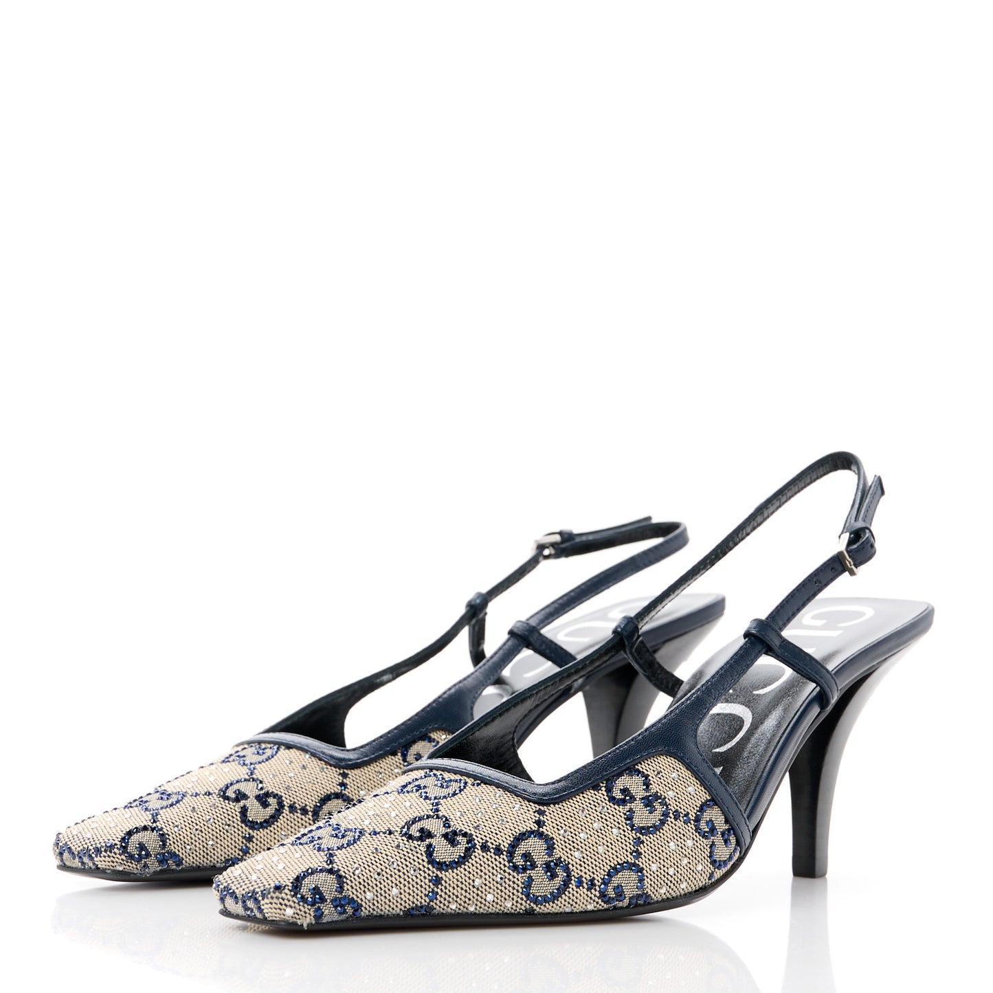 GG Monogram Malaga Kid Crystal Square G 75mm Slingback Pumps 35.5 Beige Blue