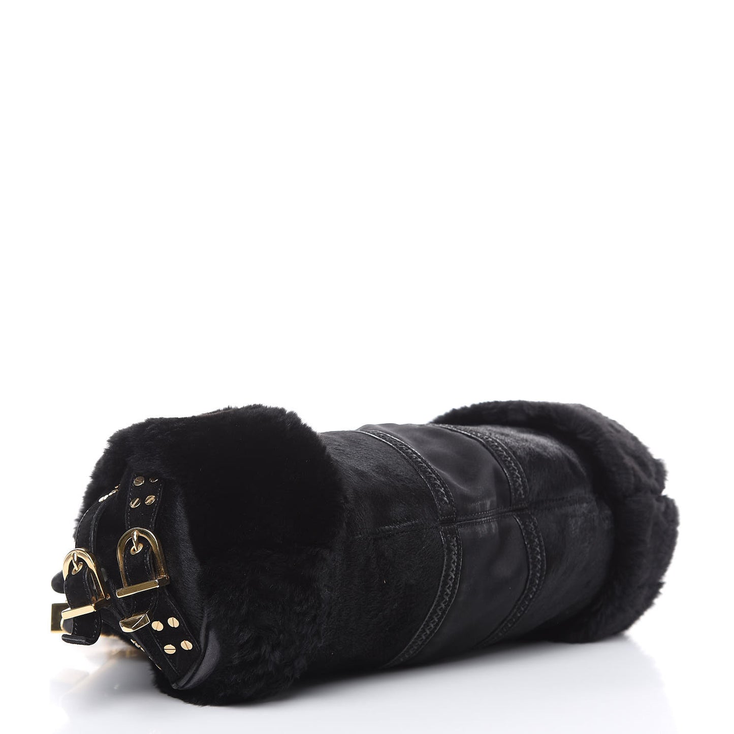 Fur Satin Chain Shoulder Bag Black