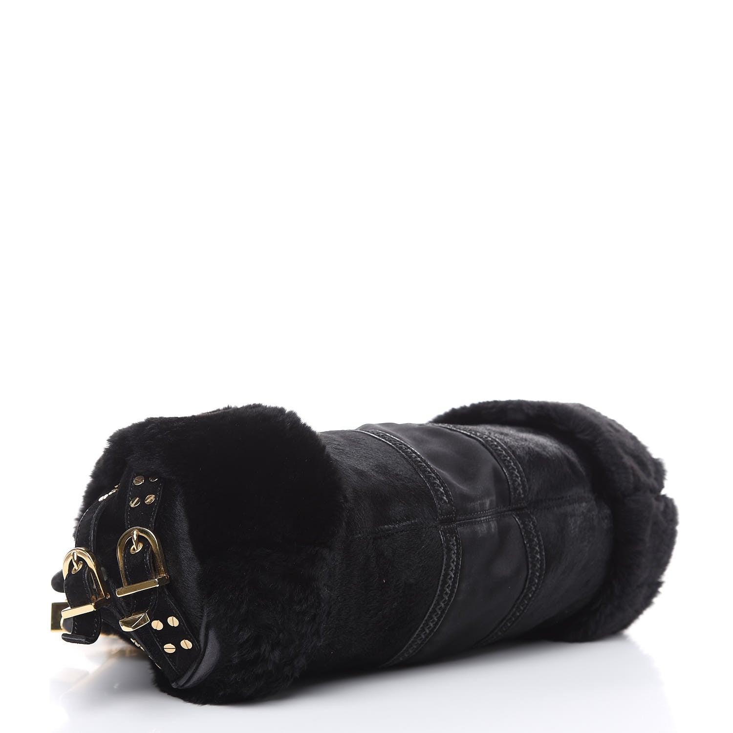 Versace Fur Satin Chain Shoulder Bag Black 4 of 15
