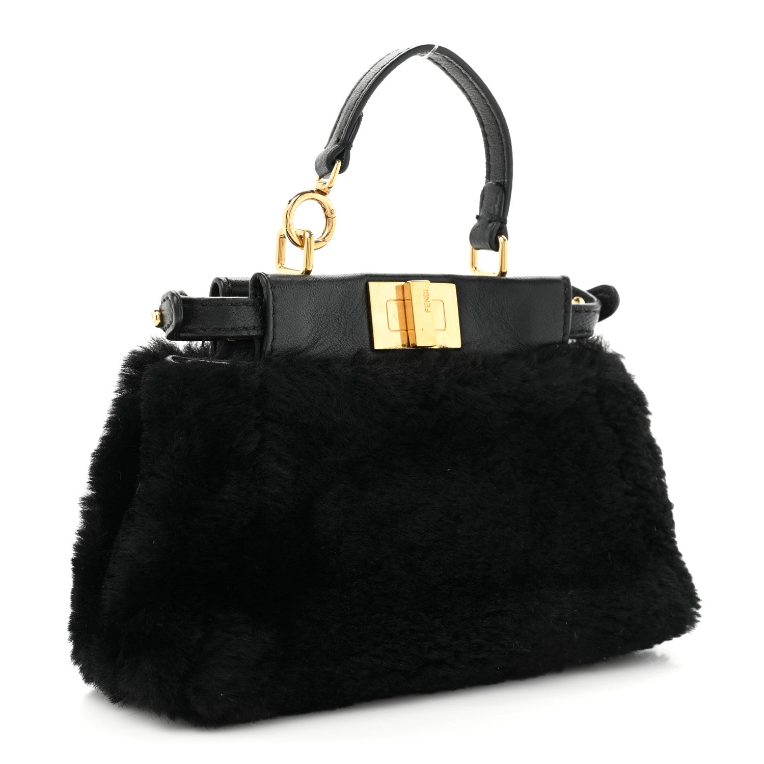 Fendi Shearling Shiny Nappa Micro Peekaboo Iconic Satchel Black 3 of 9