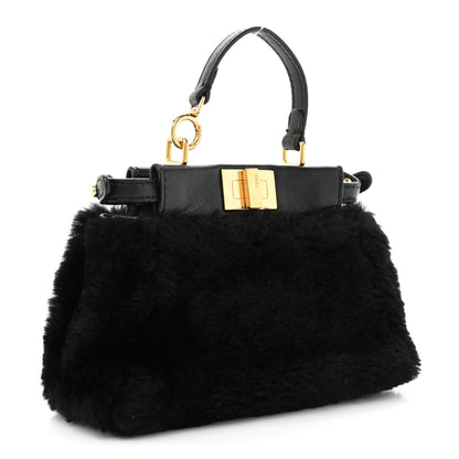 Fendi Shearling Shiny Nappa Micro Peekaboo Iconic Satchel Black 3 of 9