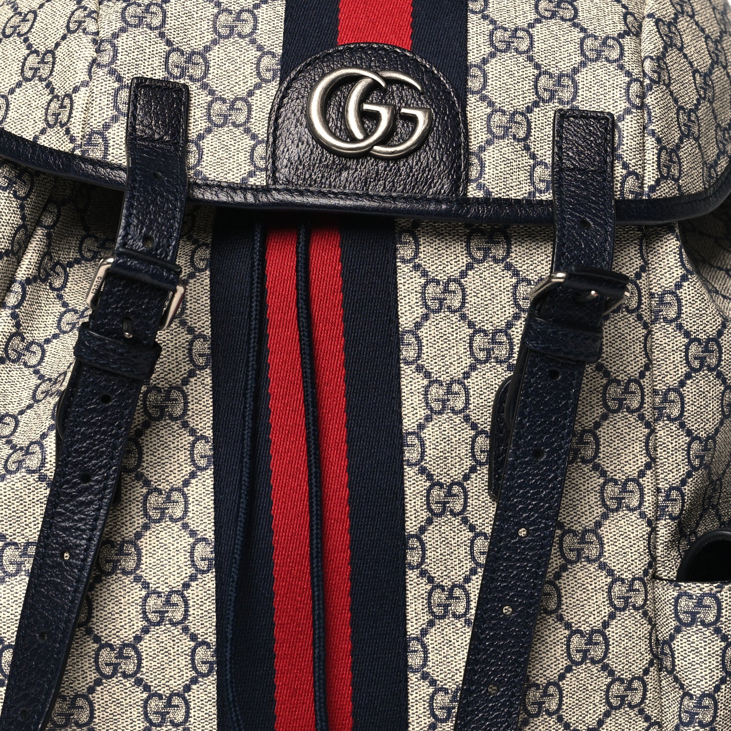Gucci GG Supreme Monogram Medium Ophidia Double Buckle Backpack Beige Blue Black 8 of 10
