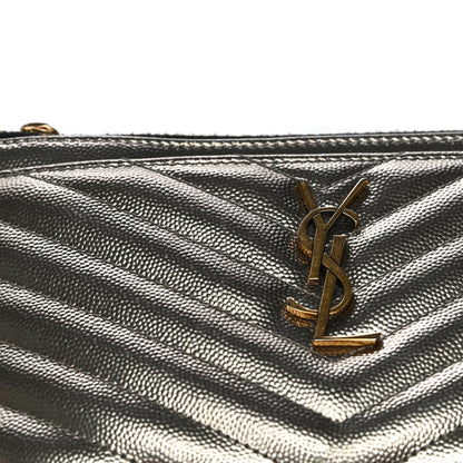 Saint Laurent Metallic Grain De Poudre Matelasse Chevron Monogram Bill Pouch Piombo 16 of 17