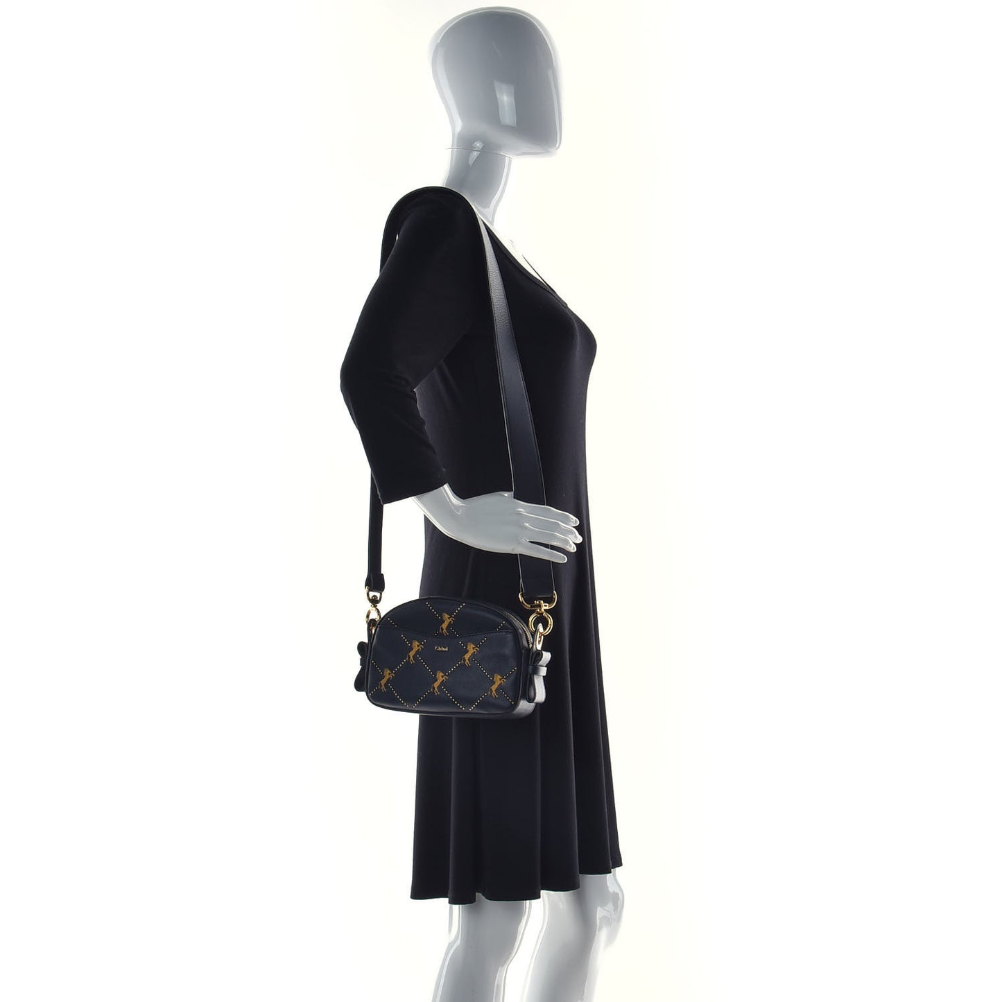 Smooth Calfskin Little Horses Embroidered Shoulder Bag Black