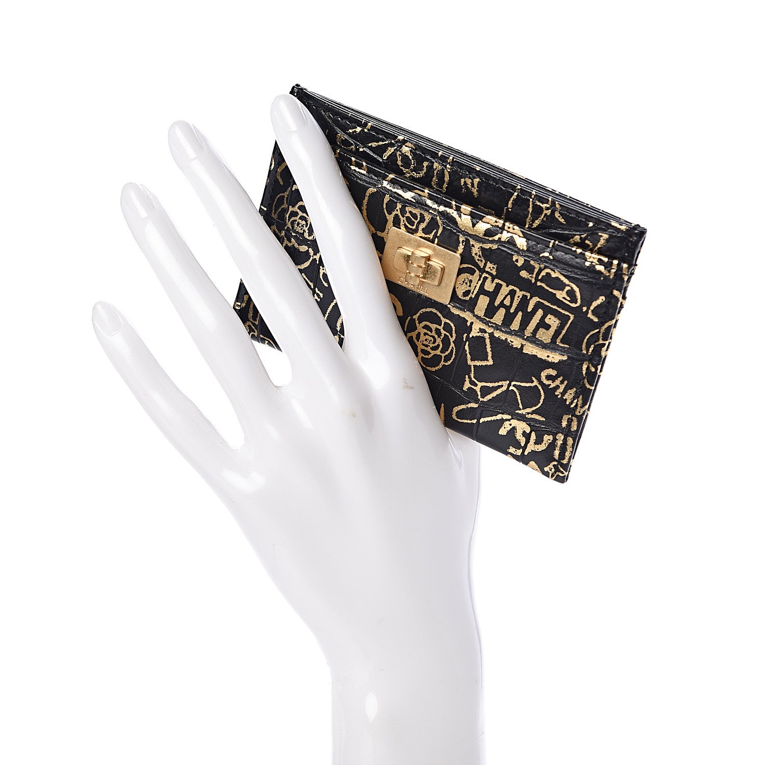 Chanel Calfskin Crocodile Embossed Graffiti 2.55 Cocodile Reissue Card Holder Black Gold 2 of 9