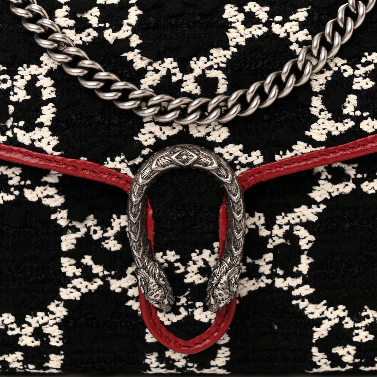 Tweed GG Monogram Mini Dionysus Chain Wallet Black White Romantic Cherry