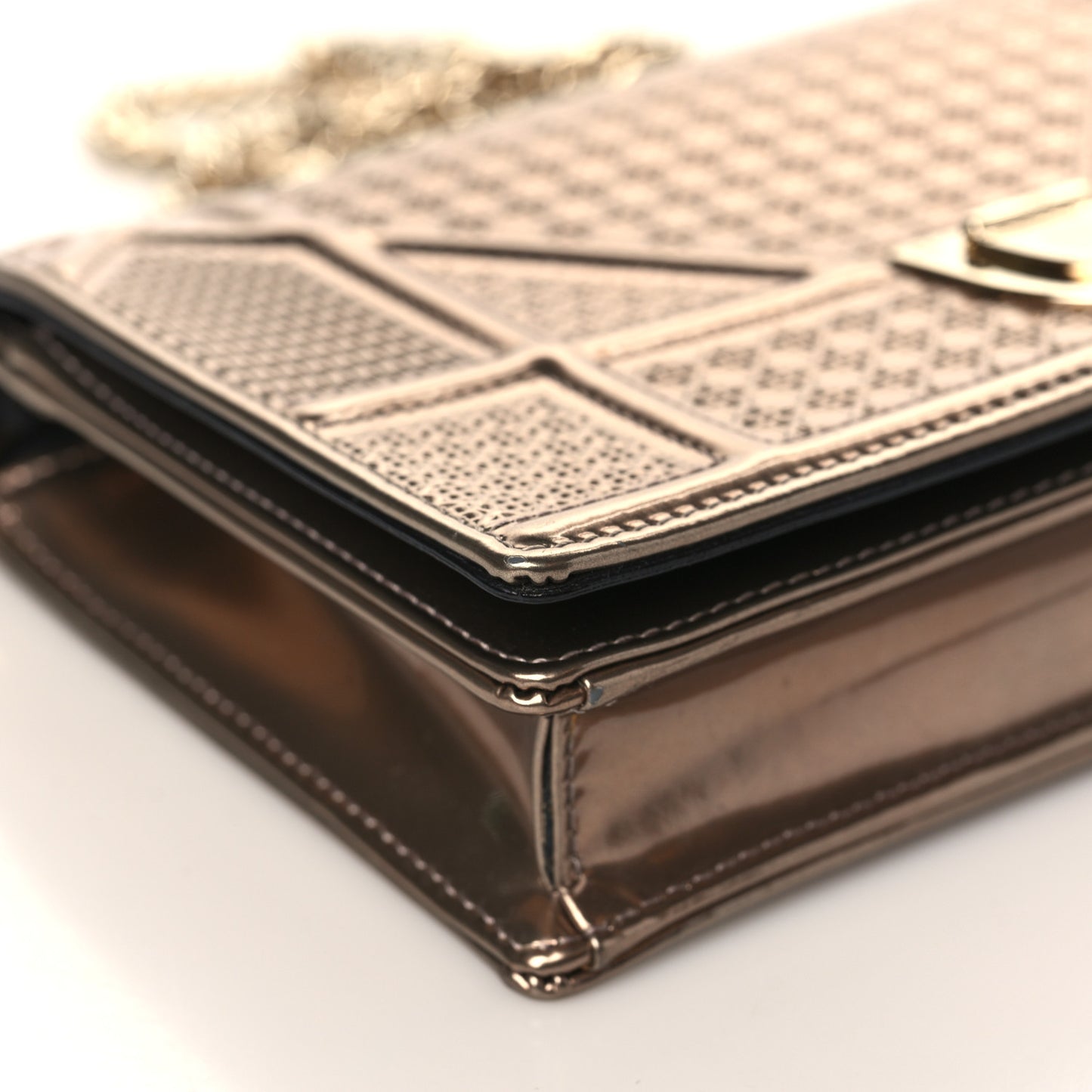 Metallic Patent Micro-Cannage Diorama Wallet on Chain Pouch Gold