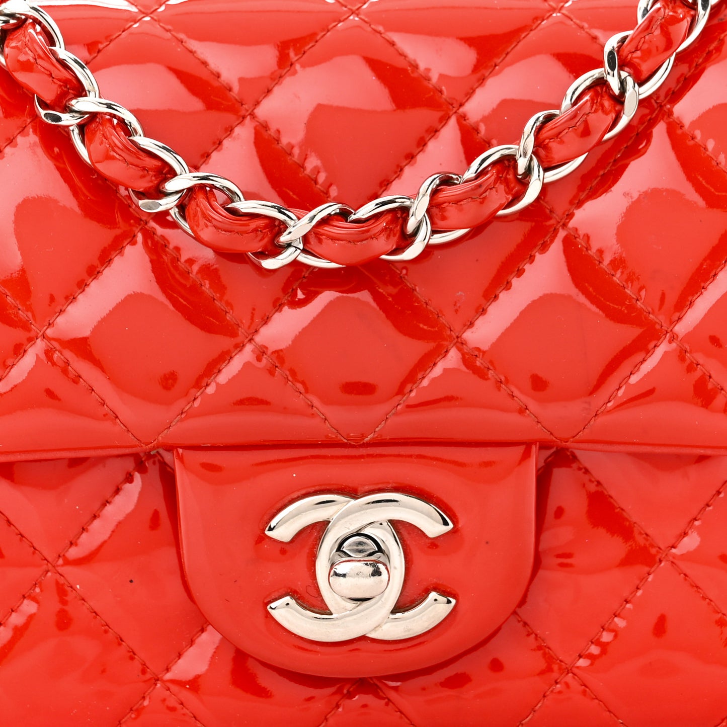 Patent Calfskin Quilted Mini Rectangular Flap Red